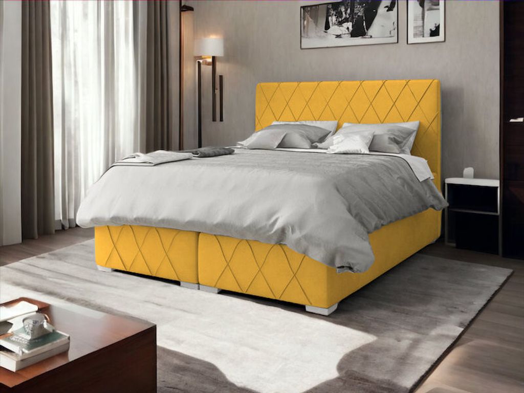 Boxspringbett GENESIS 140 x 200 cmAmor Velvet 09 Gelb Bett mit zwei Bettkästen und Matratze,Komplett-Set mit Topper, Doppelbett, Polsterbett