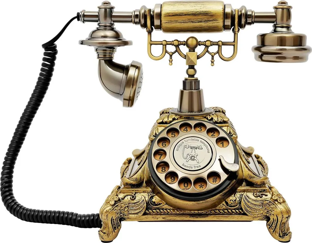 Téléphone fixe vintage doré avec cadran rotatif et style ancien chic