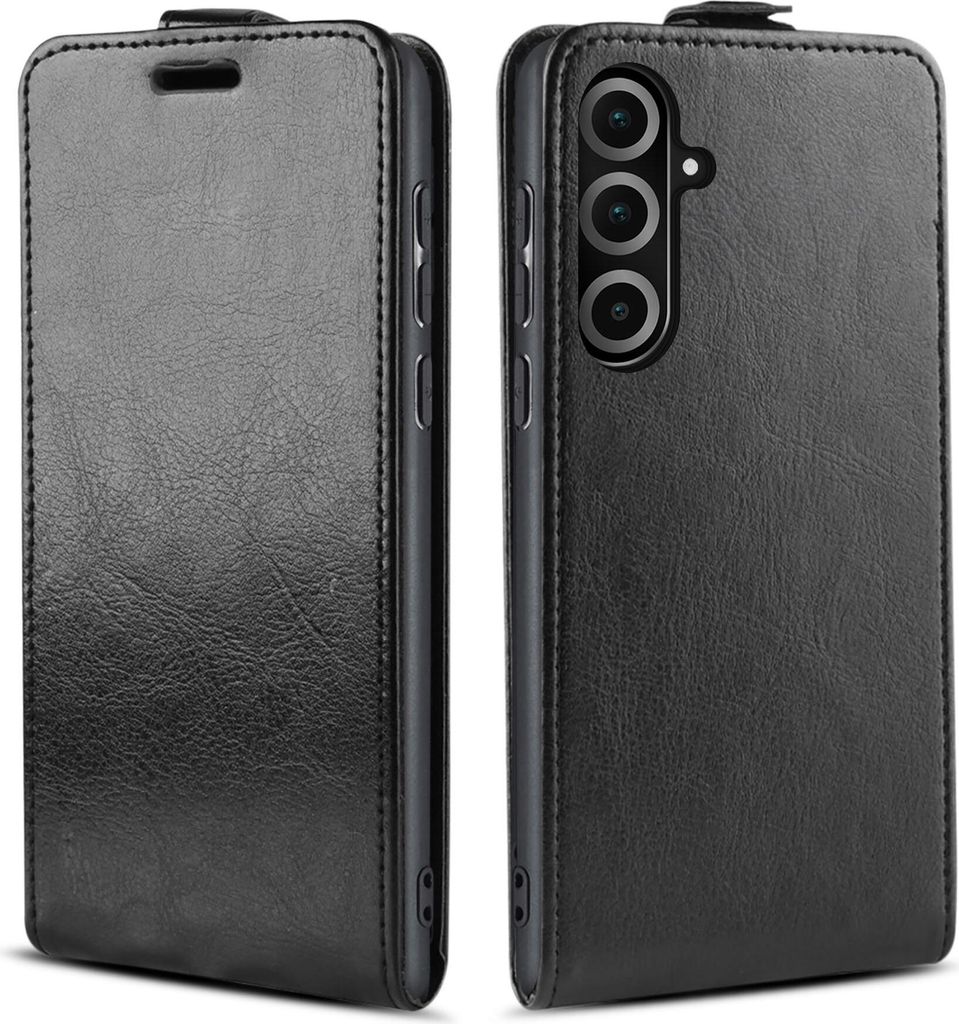 A black flip case for a smartphone is shown from two angles.