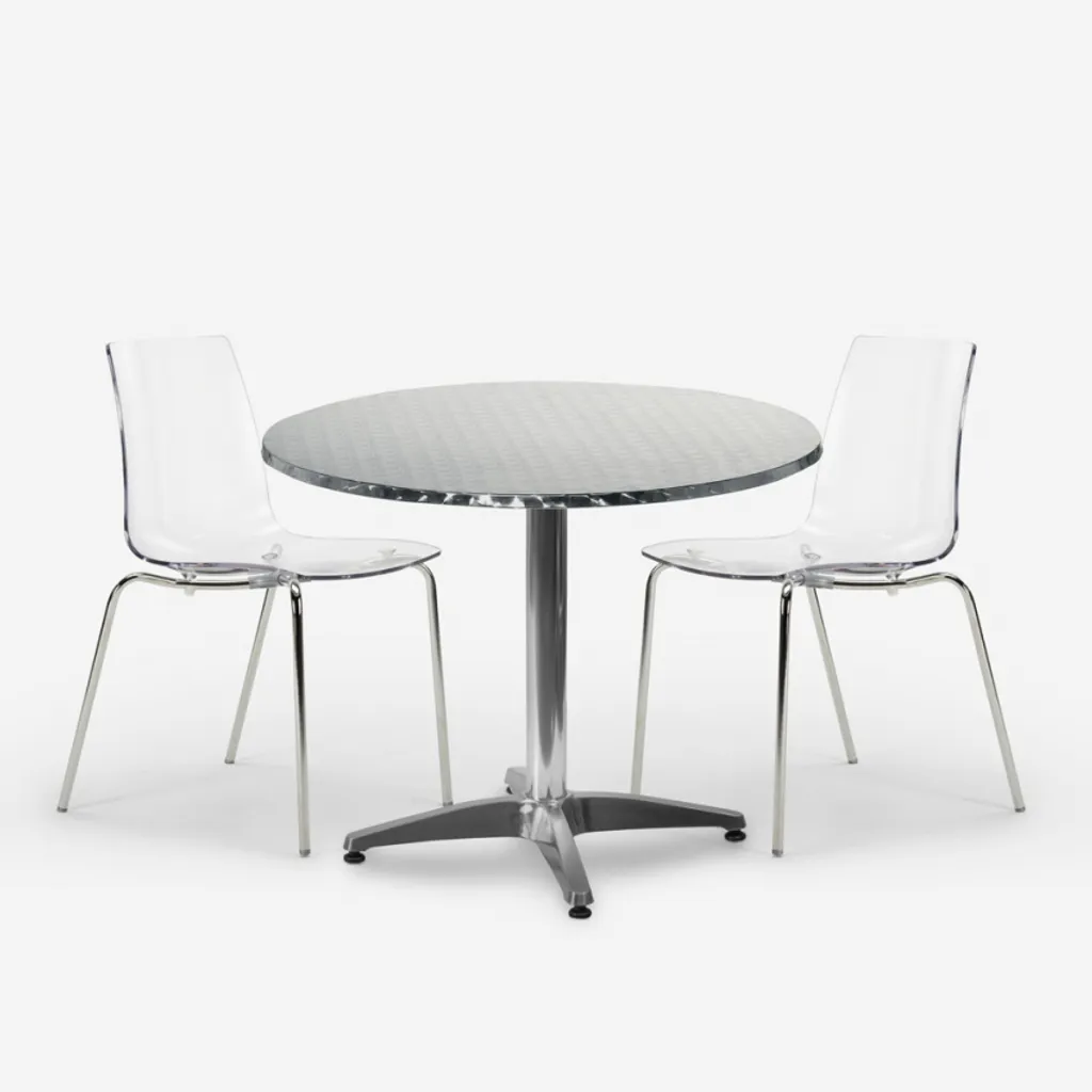 Table ronde 70cm et 2 chaises en acier Remos finition transparente