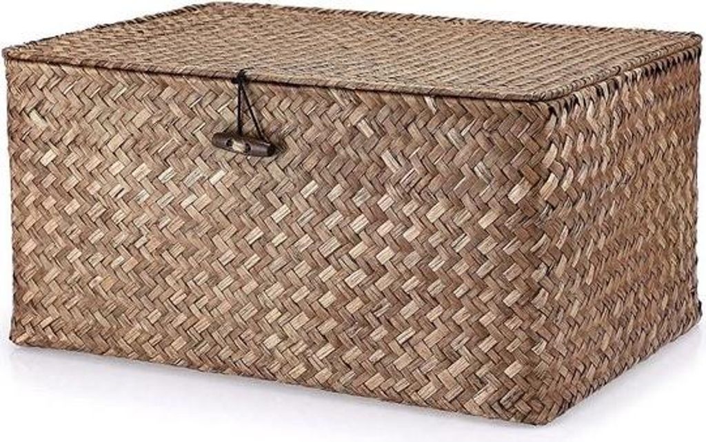 Aufbewahrungskorb aus Seegras mit Deckel – Aufbewahrungsbox für Schreibtisch und Badezimmer, Regale, dekorativer Korb – multifunktionaler Aufb...