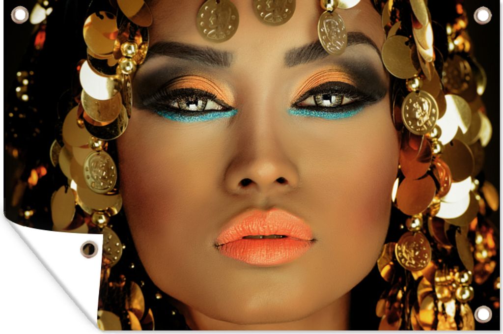 MuchoWow 120x80 cm Outdoor-Poster Gartendeko Sichtschutz Garten Poster für den Garten Frau - Kleopatra - Gold - Schmuck - Make-up - Luxus