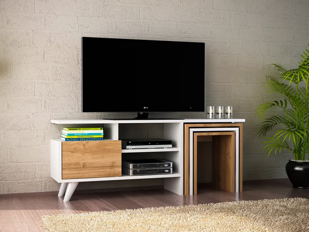Meuble TV Salon Blanc et Noyer 120 cm Skye Decor pour Petit Espace