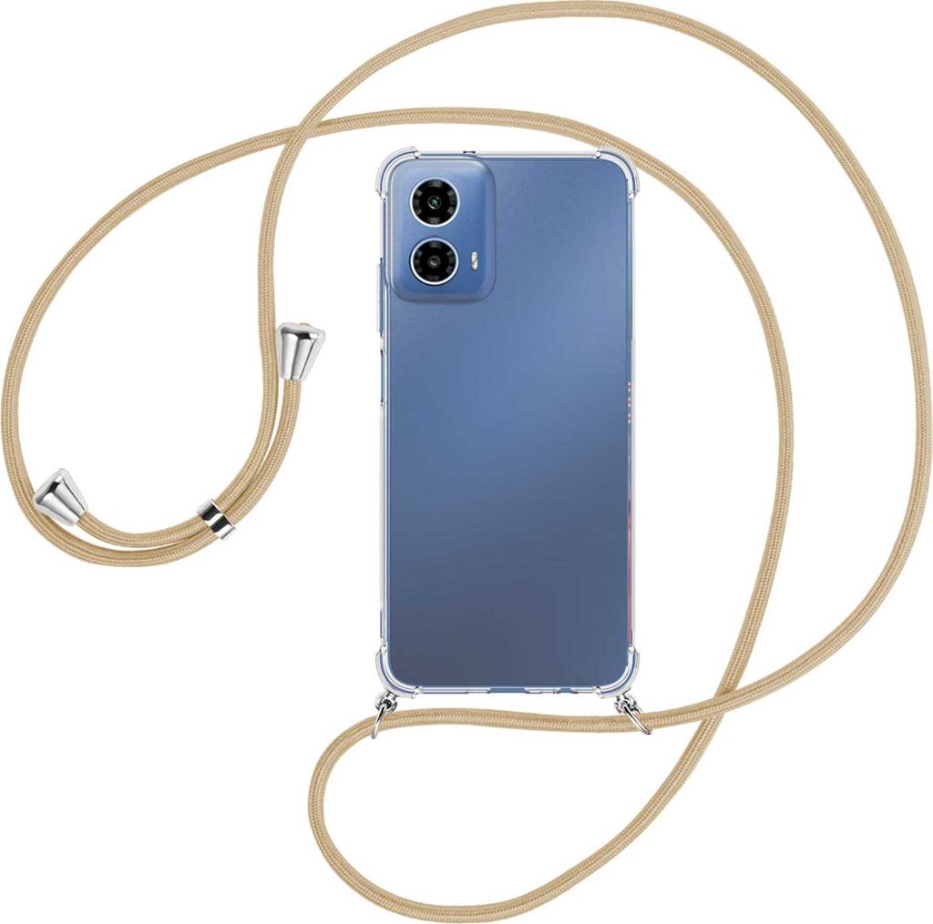 Handykette Backcover-Schutzhülle mit Band (Metall silberfarben) für Motorola Moto G34 5G - caramel