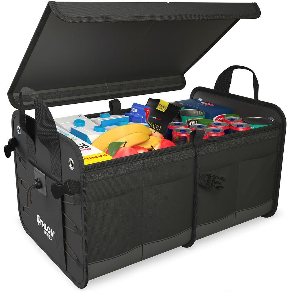 PEARL Kofferraumbox: Faltbare Kofferraumtasche, 2 Tragegriffe & Trennwand,  52 x 22 x 31 cm (Autotaschen)
