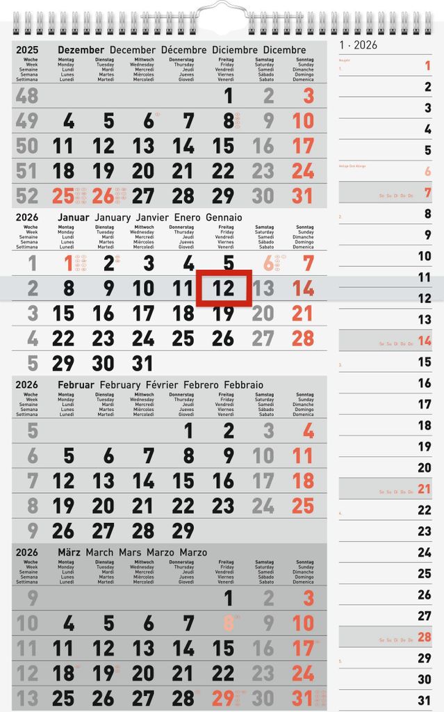 A calendar page showing multiple months of 2026, with a red box around January 12th.