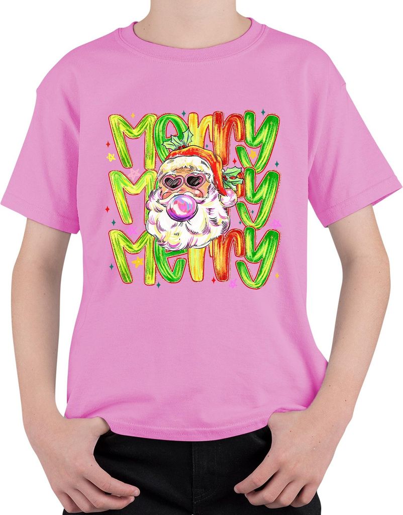 Merry Merry Weihnachtsmann Bubblegum Herzbrille bunt Retro Uni Kinder T-Shirt, Pink, 116