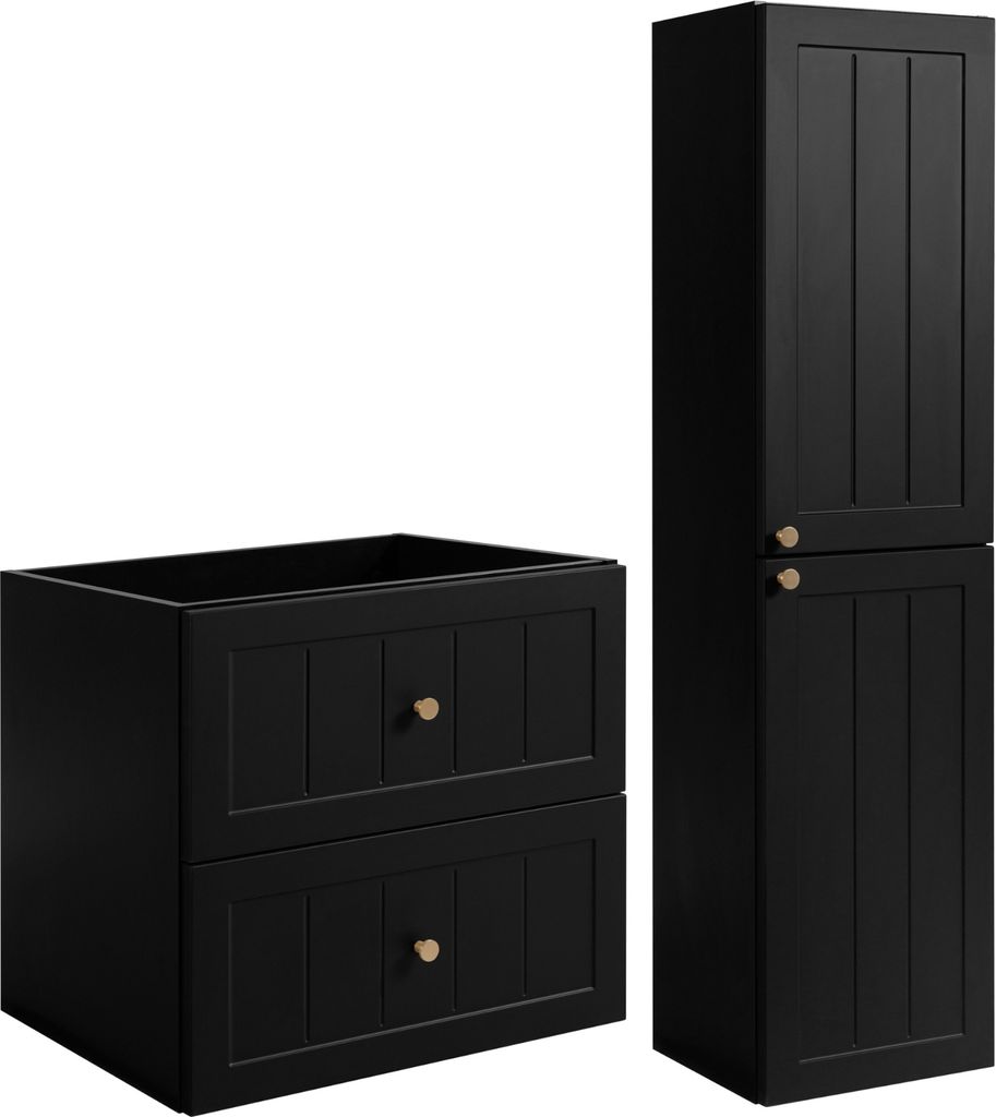 RODAN | Badezimmermöbel Set - 60 cm Schrank + 136 cm Hochschrank - Schwarz - Badmöbel Set - Badezimmerschränke