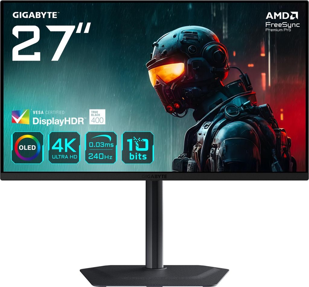 A marketing image for a GIGABYTE 27" gaming monitor, showcasing its features.
