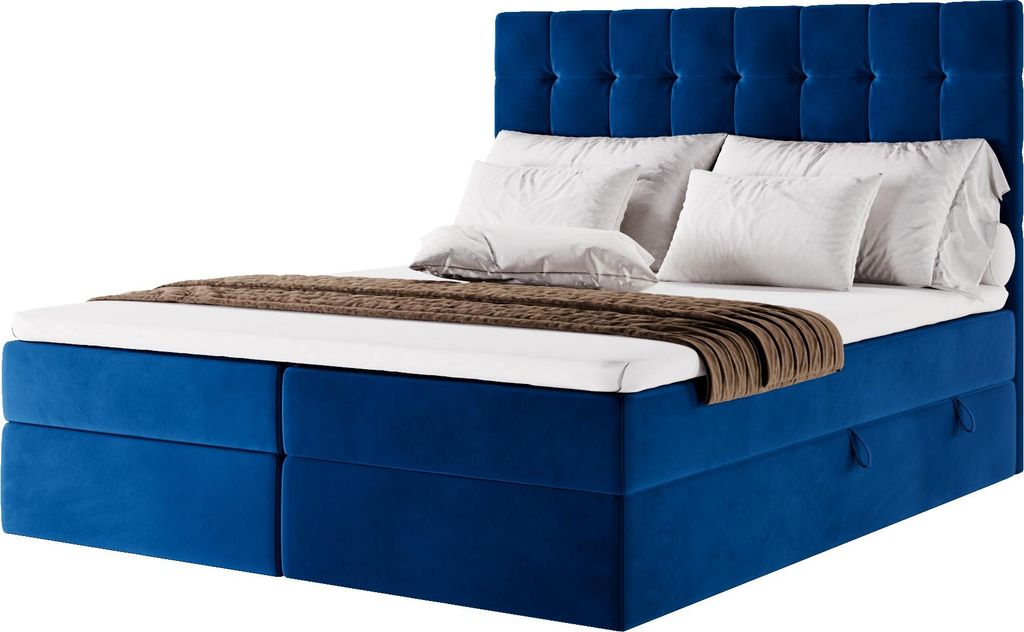 Moebelpaket Bett 160x200 cm mit Bettkasten, Boxspringbett mit Pocket-Matratze und Topper T25, Dunkelblau, Kollektion Magnus