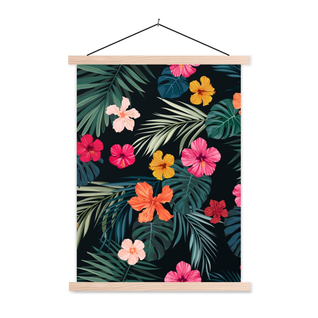 MuchoWow Textilposter Dschungel - Blätter - Blumen - Mädchen - Kind 120x160 cm mit holzfarbenen Rahmen - Plakatkarton