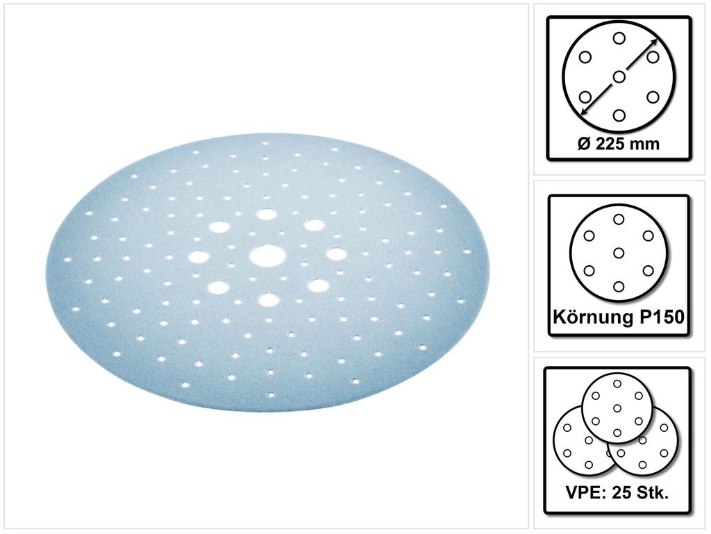 A round, light blue sanding disc with many small holes and a few larger holes in the center, shown on a white background. To the right are three smaller square images with icons and text.
