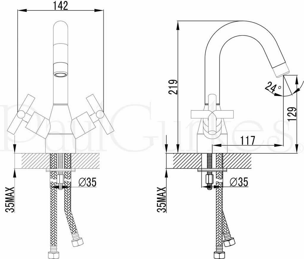 PaulGurkes Design Waschtischbatterie Wasserhahn Waschtischarmatur Kreuzgriff