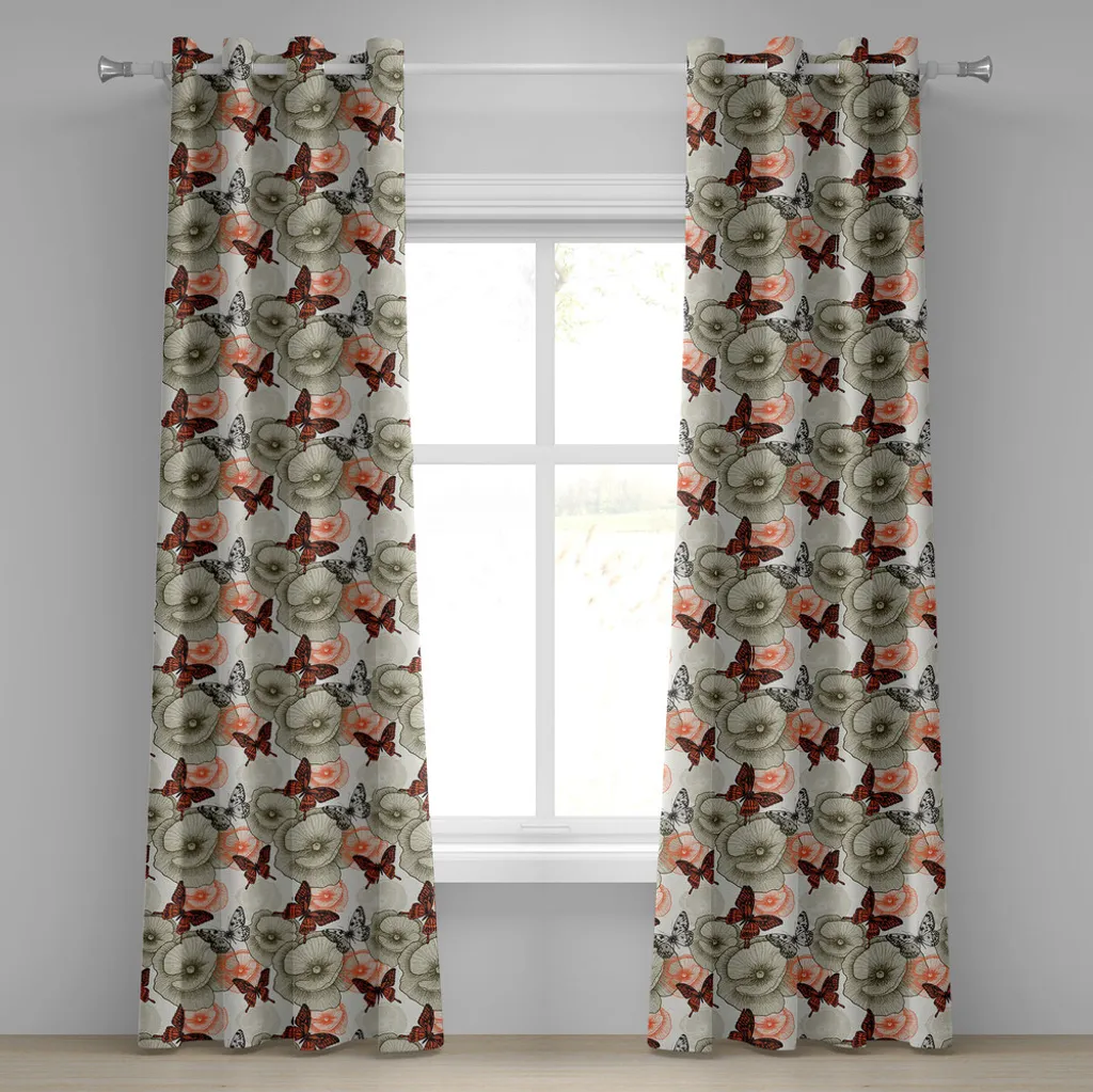 ABAKUHAUS Tenda con occhielli a farfalla, fiori di papavero nel giardino selvaggio, tema bosco, stile vintage, stampa nera, tende decorative a 2 pannelli, 280 cm x 245 cm, arancione, nero, cachi - 1