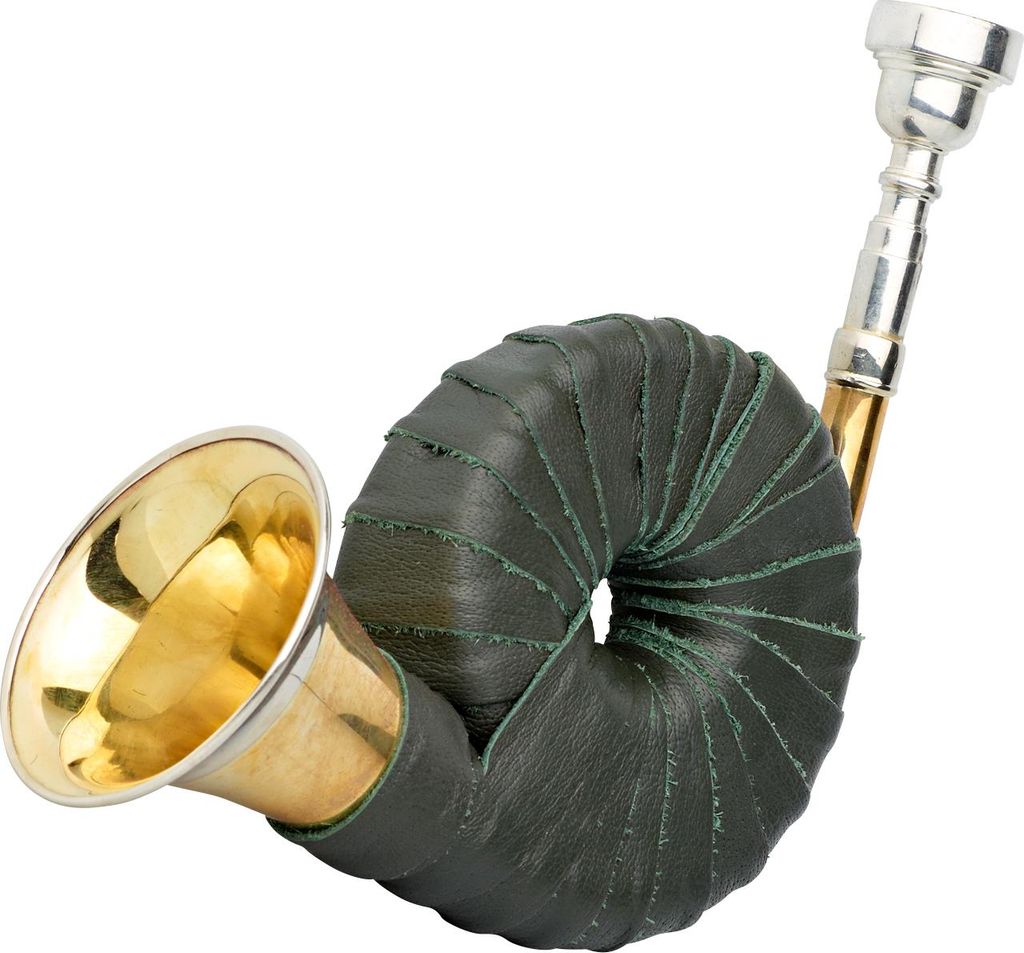 A musical instrument, a horn, is shown against a white background.