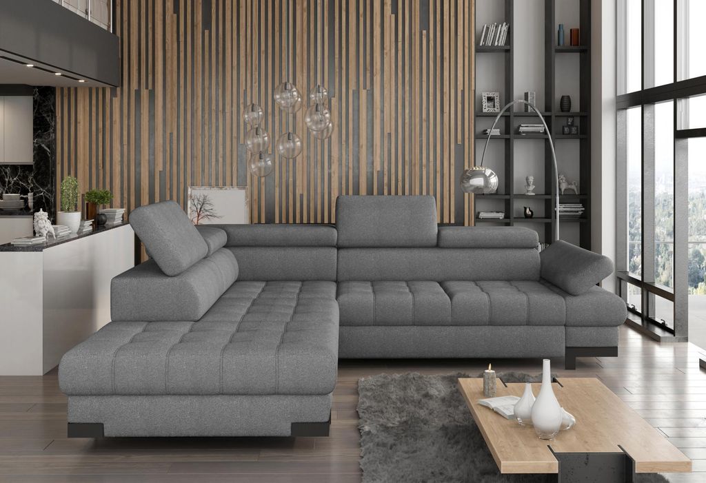 Graue L Form Sofa Couch Polster Eck Wohnlandschaft Design Ecksofa Textil Leder