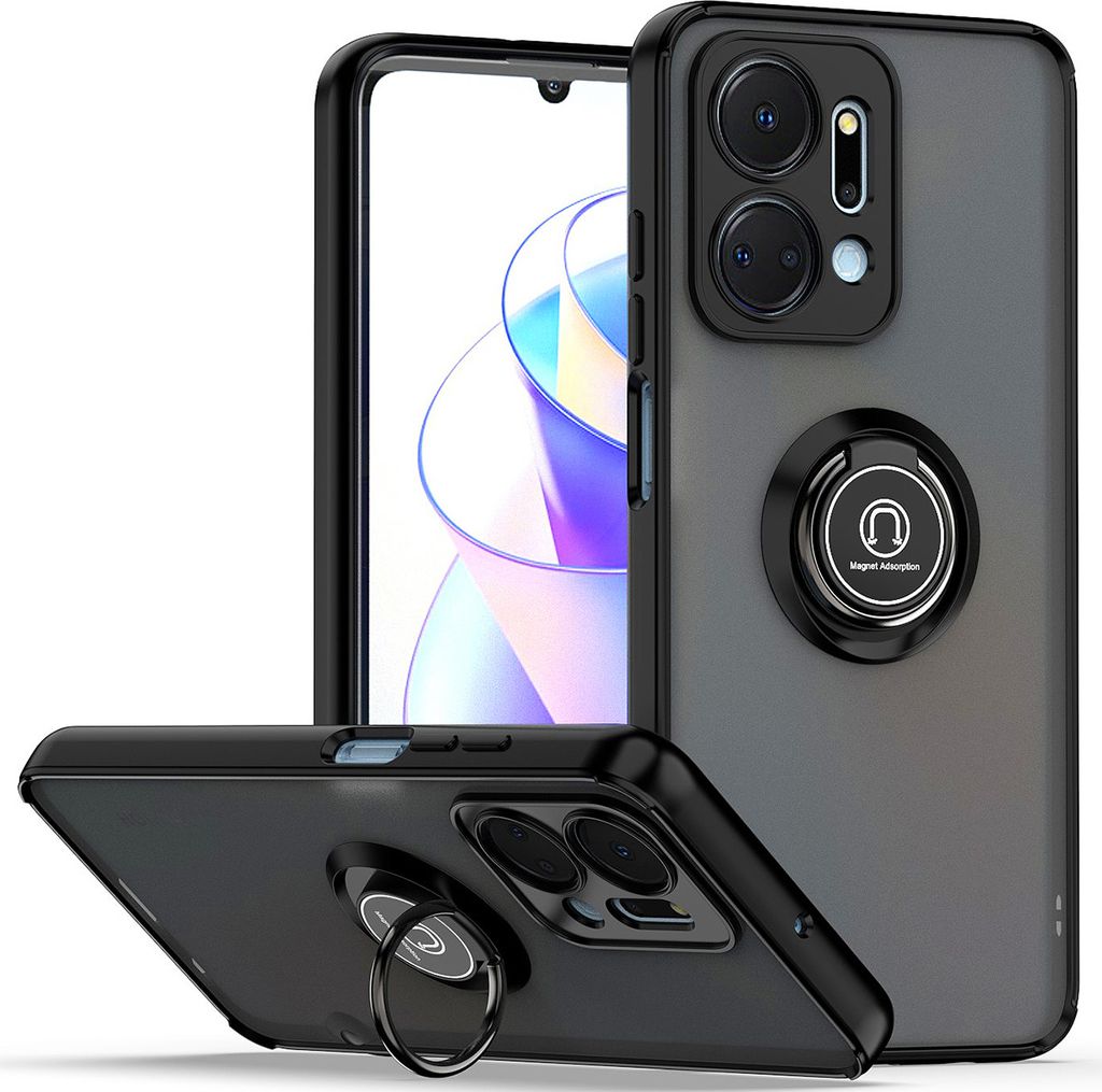 Honor X7A Hülle, Ring Halter Ständer Matte Transluzent TPU Rahmen Stoßfest Schutzhülle für Honor X7A Schwarz