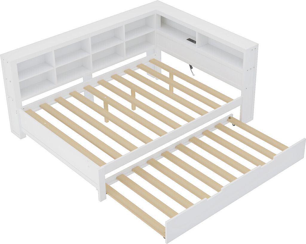 Schlafsofa 140*200(weiß)ausziehbares Bett 90*190 mit USB-Steckdose und mehreren Ablagefächern,Massivholzbett,Doppelbett,Multifunktionsbett aus Holz