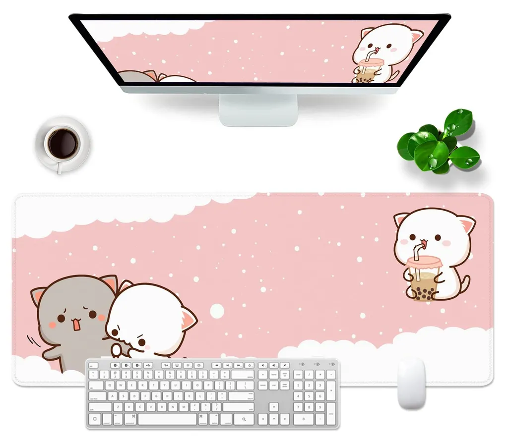 Tapis de bureau XL chat rose pour clavier et souris, format 80x30 cm
