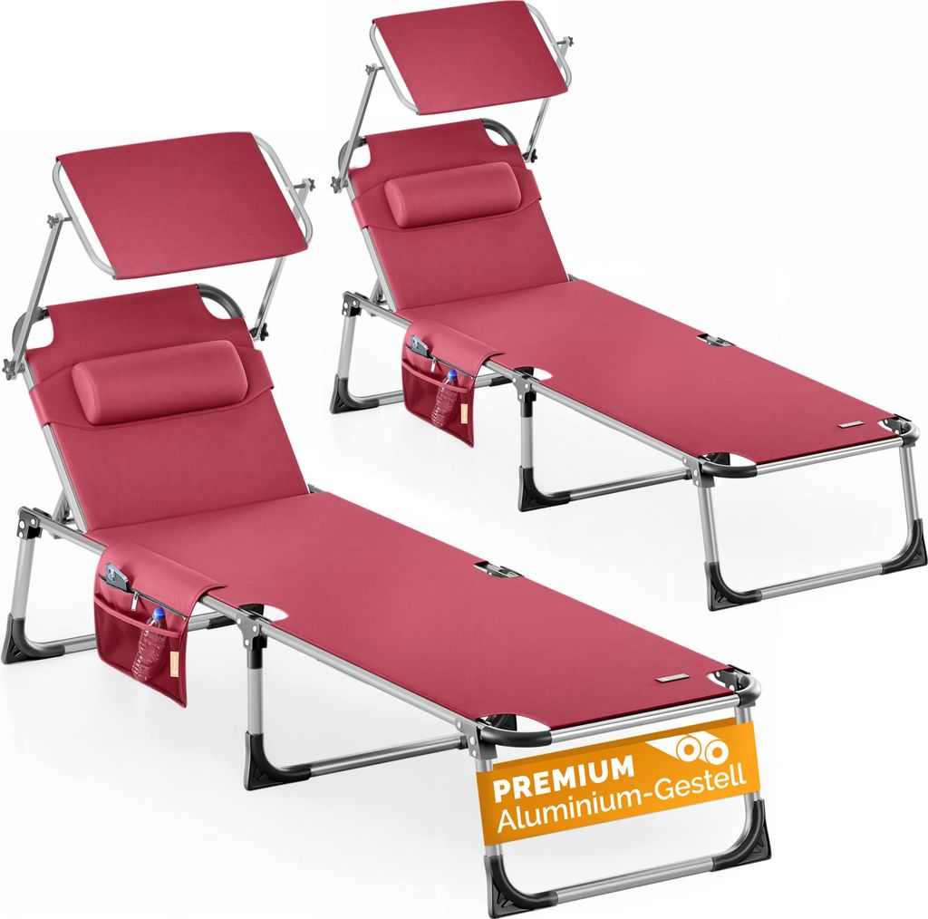 CASARIA 2er Set Sonnenliege Klappbar Wetterfest Gartenliege Mit Dach Seitentasche 180kg Belastbar Alu Liegestuhl Leicht Relaxliege Strand Pool Rot