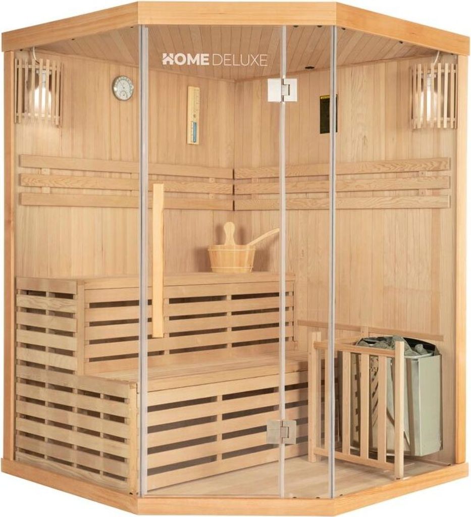 HOME DELUXE - Traditionelle Sauna - SKYLINE XL - 150 x 150 x 200 cm - für 2 - 3 Personen, Hemlocktanne, inkl. Saunaofen, Saunazubehör I Dampfsaun...