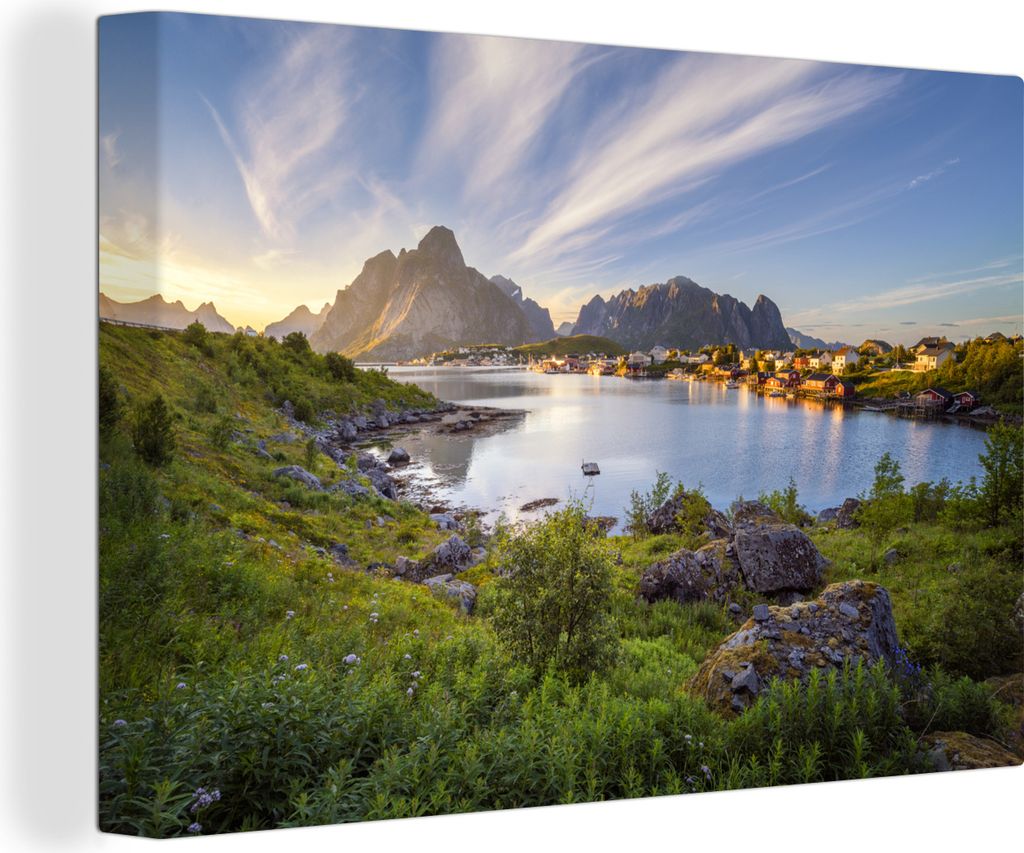 OneMillionCanvasses - Leinwandbilder - 140x90 cm, Sonnenaufgang hinter den Bergen an der Reine, Wandbilder Kunstdruck Wanddekoration