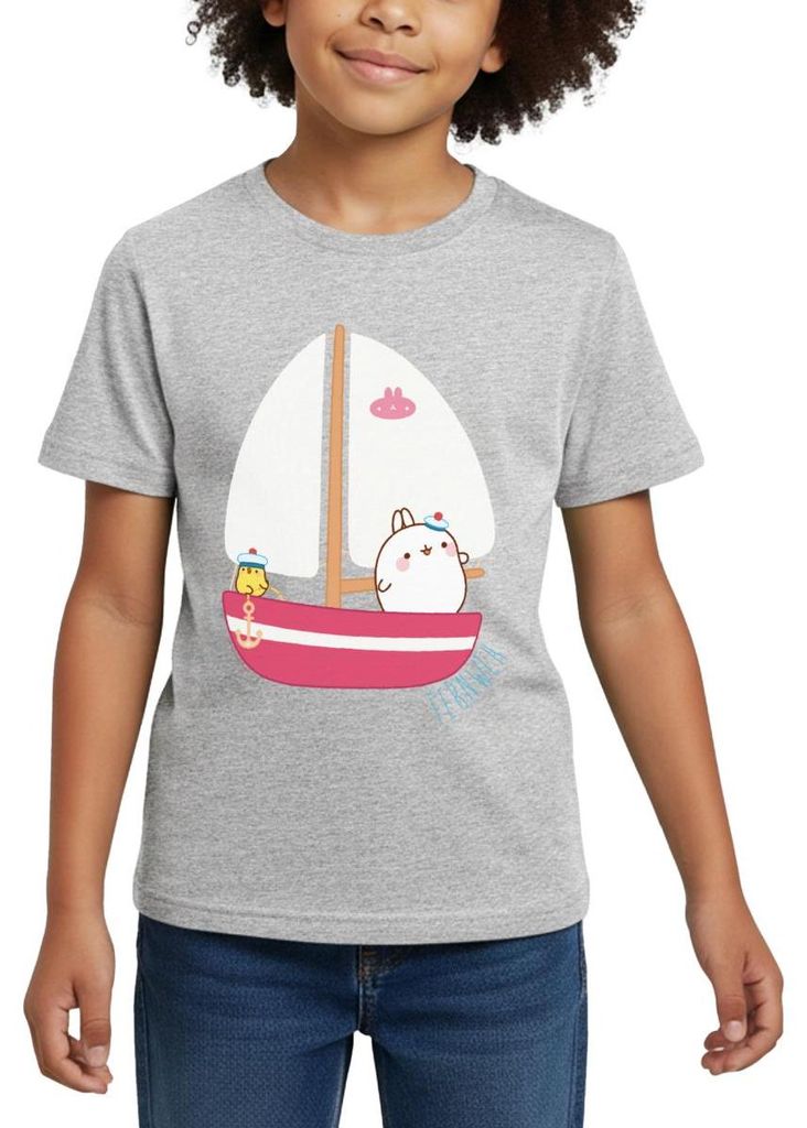 Spreadshirt Molang Piu Piu Segeln Fernweh Kinder T-Shirt, 110/116 (5-6 Jahre), Grau meliert
