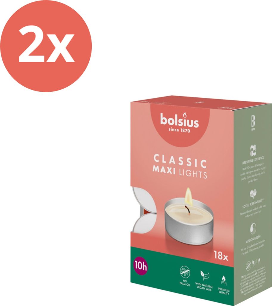 Bolsius - Maxi - Teelichter - 18 Stück pro Packung - Box - Vorteilspack - 36 Stücke - 2 Verpackung