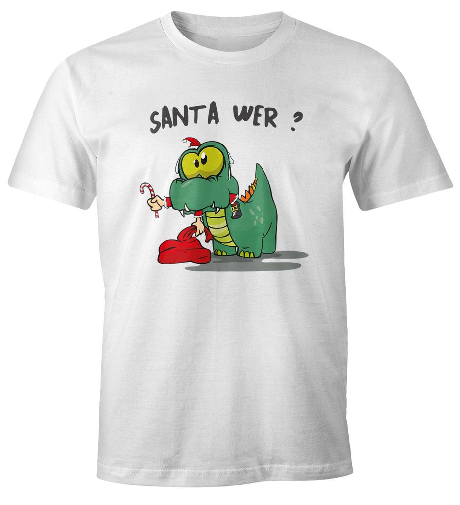 Herren T-Shirt Fun Motiv Dinosaurier frisst Santa Claus Spruch Santa Wer? Weihnachtsmann Fun-Shirt Moonworks weiß XL