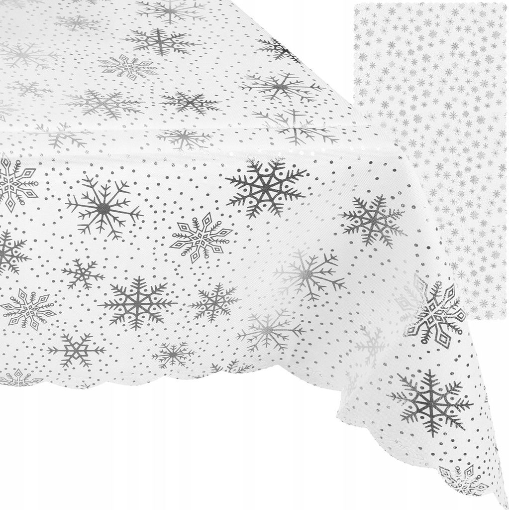 A white tablecloth with a snowflake pattern.