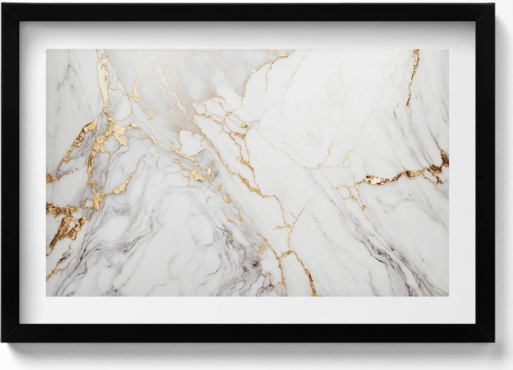 Heller Marmor mit Gold– Wandbild mit Rahmen – Gerahmtes Bild – Wanddekoration – 60x40 cm – Schwarz Rahmen