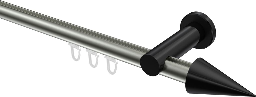 Interdeco Innenlaufstange / Gardinenstange mit Innenlauf Edelstahl-Optik / Schwarz, Typ Platon Savio (Kegel), 20 mm Ø 1-läufig, 240 cm