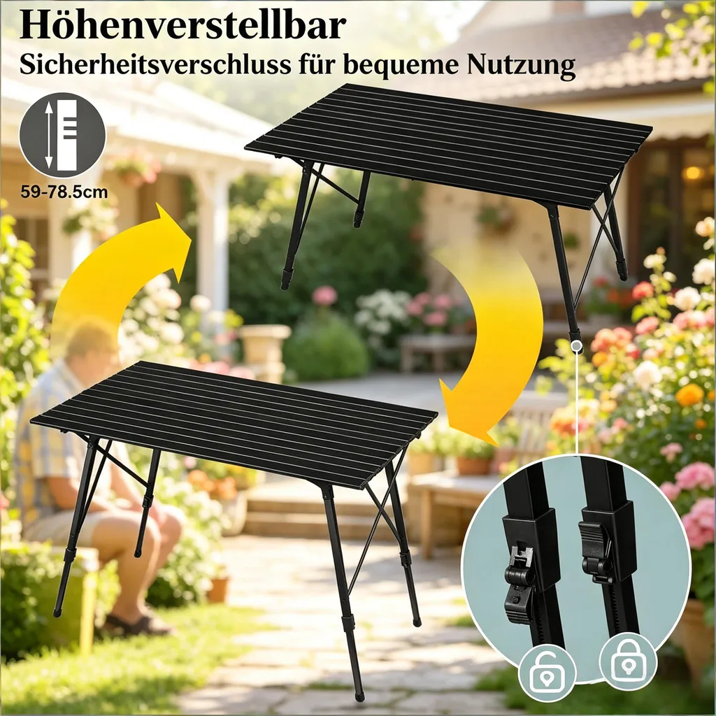 Table de camping pliable à hauteur réglable avec plateau en aluminium