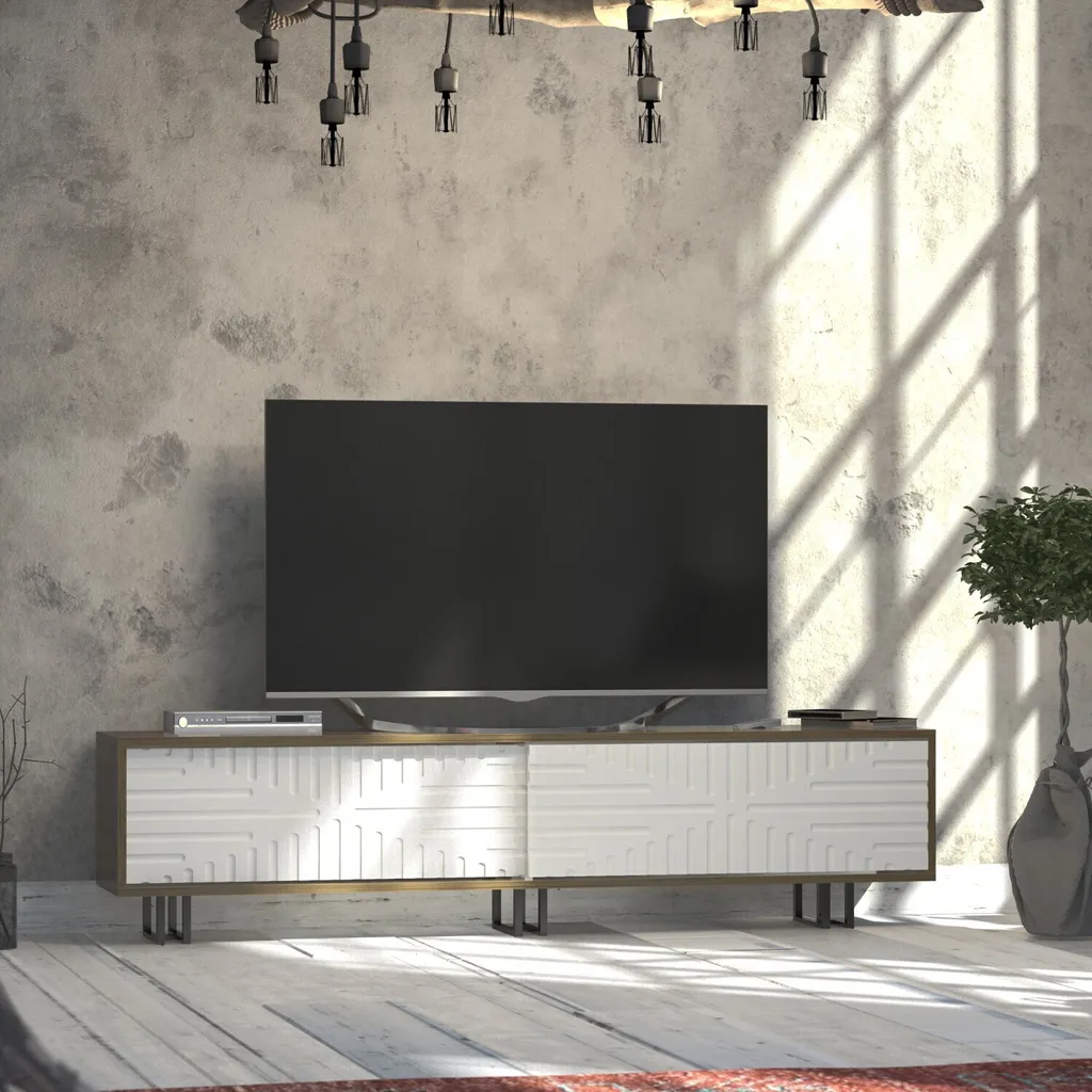 Grand Banc TV Design Blanc et Bois Askal-Ud Skye Decor Longueur 180 cm