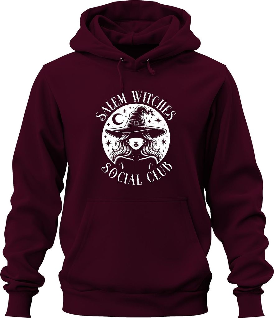 Salem Witches Social Club Halloween Hexenhut Mond Sterne Mystisch Vintage Uni Hoodie Kapuzenpullover, Burgundy, S