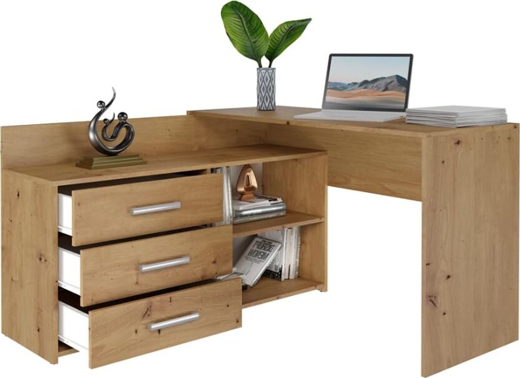 BDW Eckschreibtisch, 3 Schubladen 2 Regale, Artisan-Eiche, 120x7x50 cm