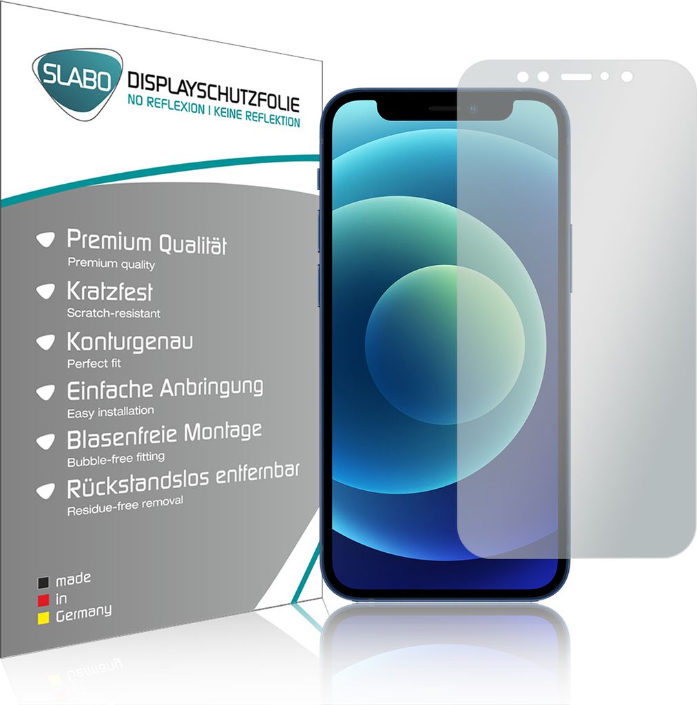 A product shot of a phone screen protector next to its packaging, with feature callouts.