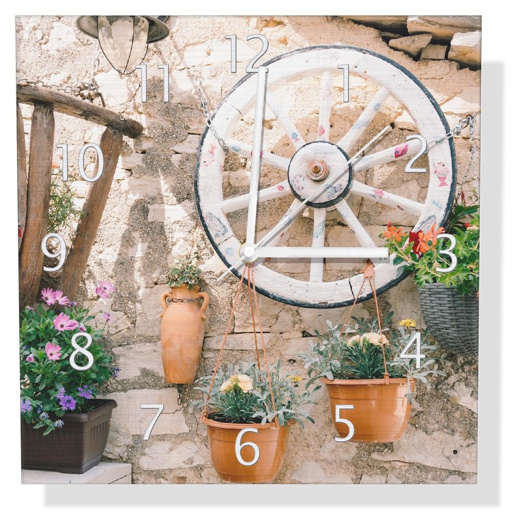 Wallario Design Wanduhr Wagenrad an Natursteinwand aus Aluverbund, Größe 30 x 30 cm