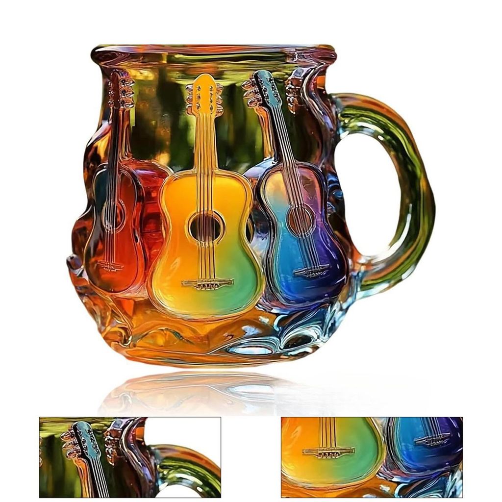 3D Gitarren-Kaffeetasse ,handbemalt Glasbecher , farbig, für Kaffee, Tee & Milch, Musik-Design, Geschenk & Deko für Musikliebhaber, künstlerisch