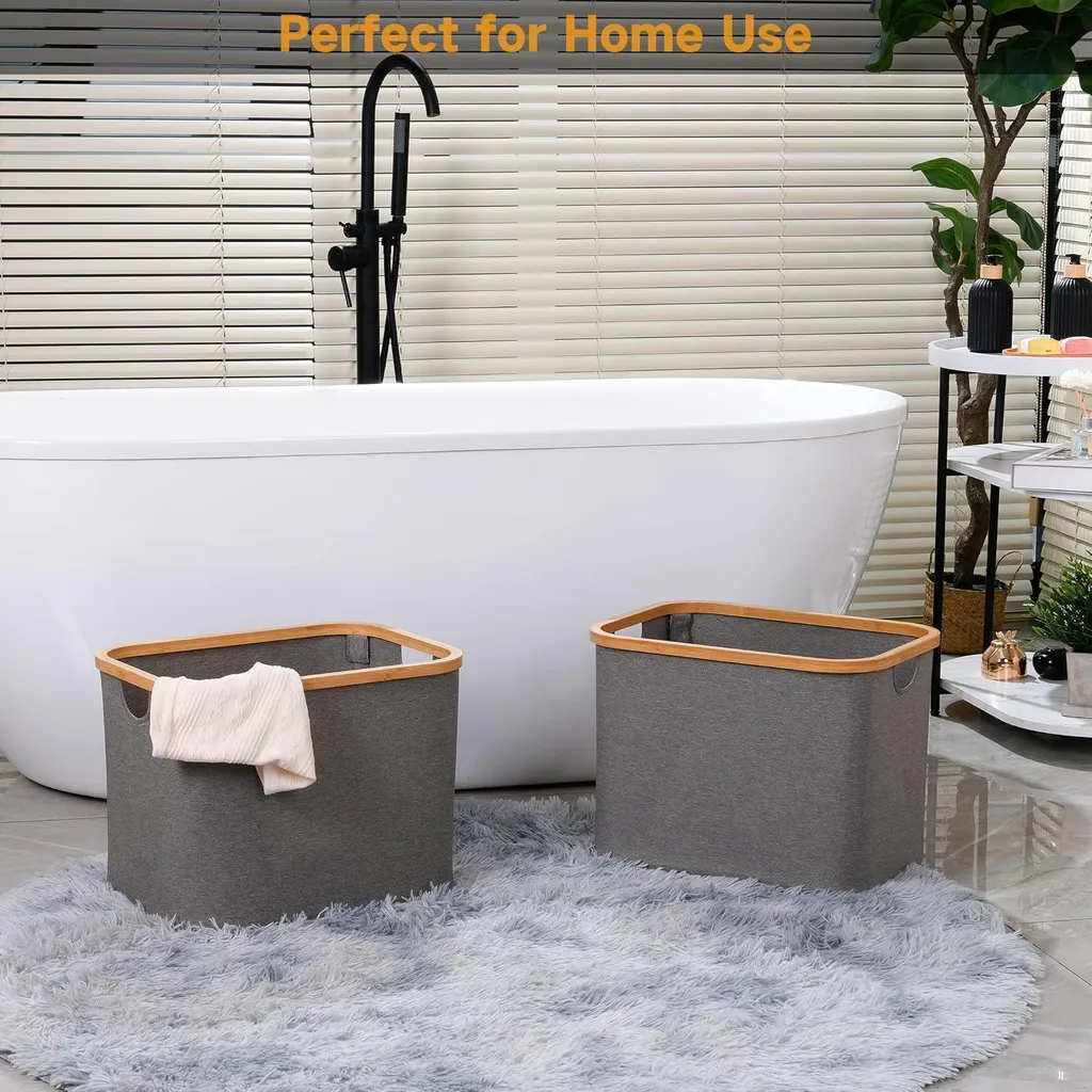 Bac à linge 50L pliable - Bambou naturel et tissu gris anthracite