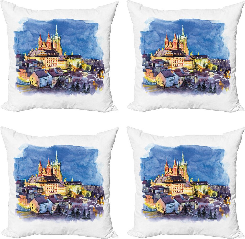 ABAKUHAUS Reise Kissenbezug Set (4 Stück), Prager Burg Hradschin Szene, Moderner Doppelseitiger Digitaldruck, 50 cm x 50 cm, Azure Blau Multicolor