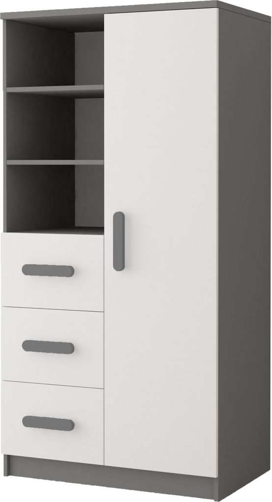 A studio shot of a children's bookshelf with drawers and a door.