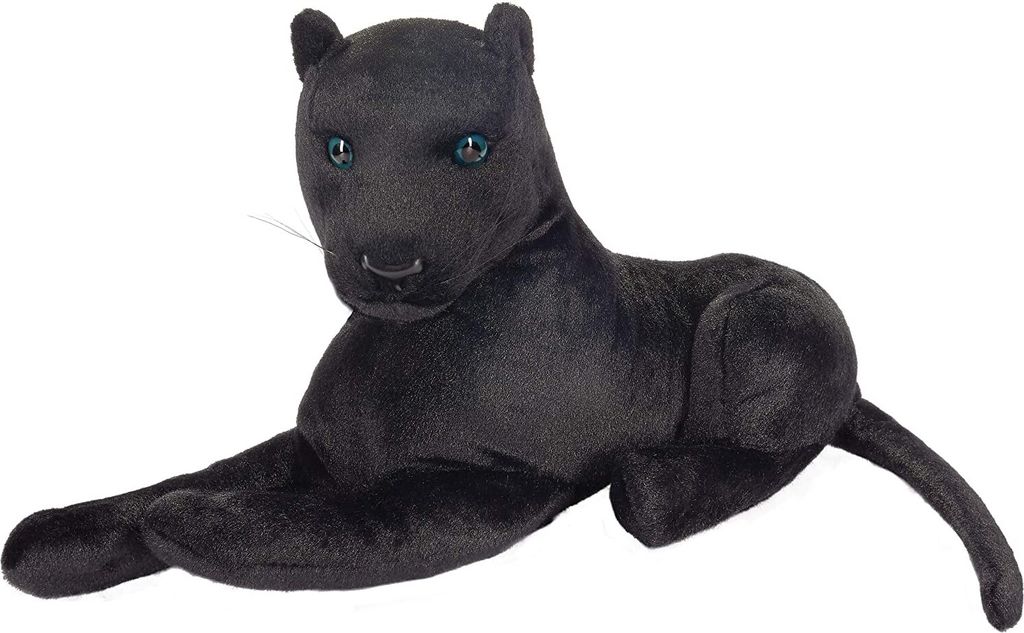 A plush toy panther lying down on a white background.