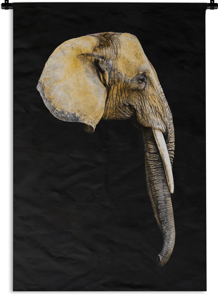 MuchoWow Wandteppich Wandbehang Elefant - Kopf - Schwarz 90x135 cm Tapisserie Dekoration Wandtuch - Baumwolle - Wandskulptur