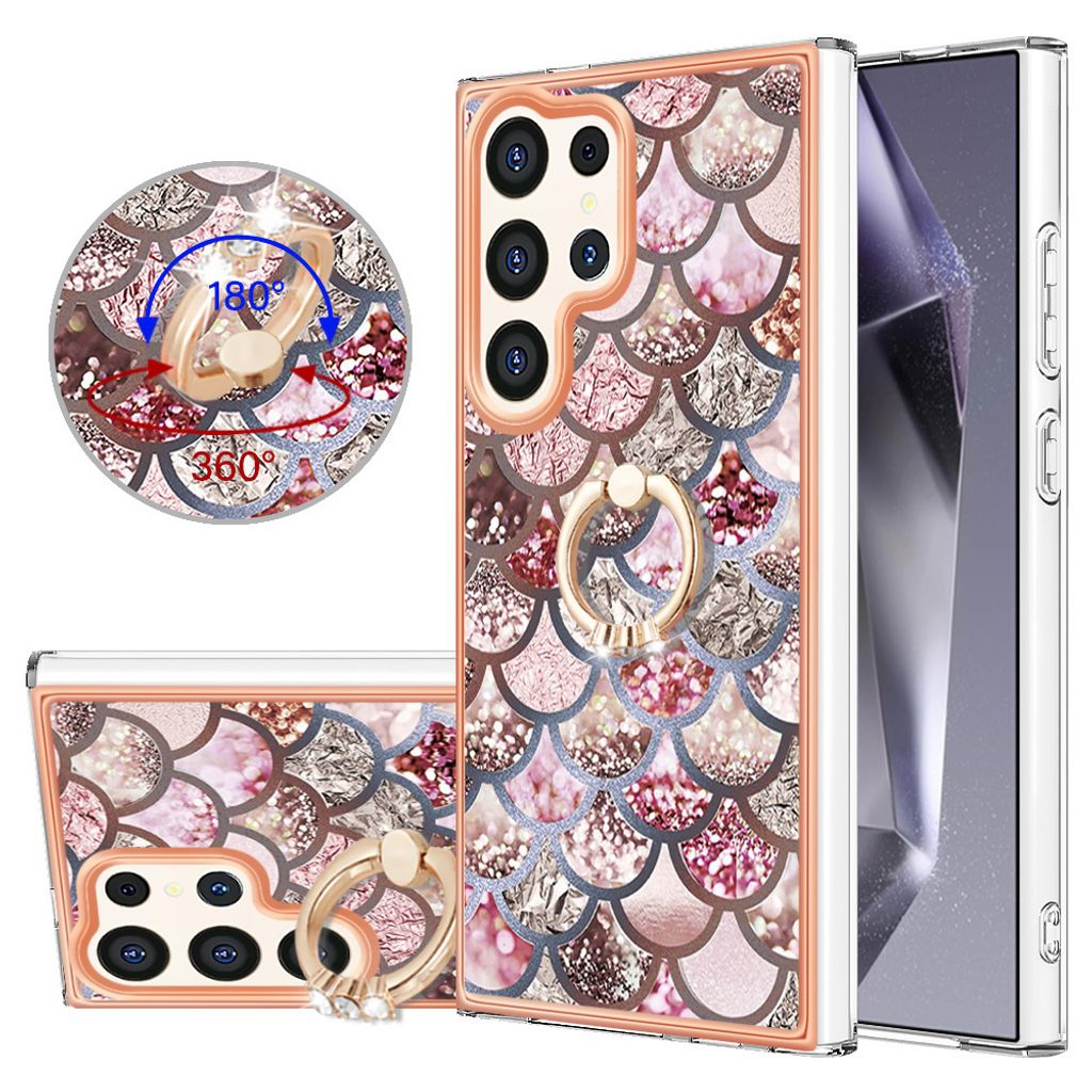 Hülle für Samsung Galaxy S24 Ultra Muster TPU Silikon Stoßdämpfer Bumper Schutzhülle mit Ring Ständer Kaffee