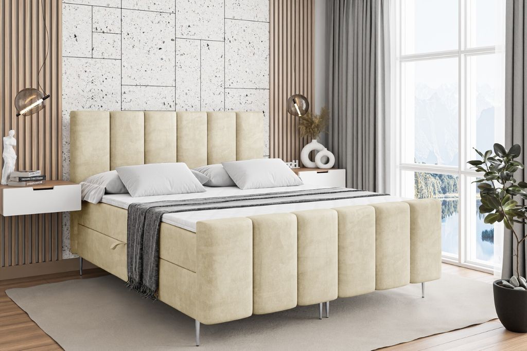 ALTDECOR Boxspringbett mit Silber Füßen, Matratze und Lattenrost, Topper, Fußteil, Polsterbett mit Bettkasten, Bett mit Stauraum H3-Matratze, Do...