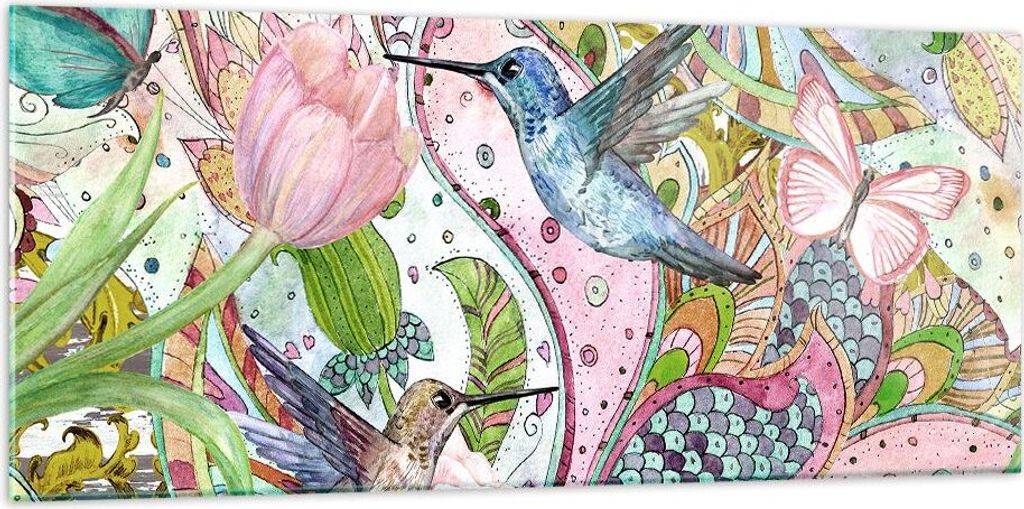 Bilder auf glas - Vogel Schmetterling Blume - 120x50cm - Produktbild 