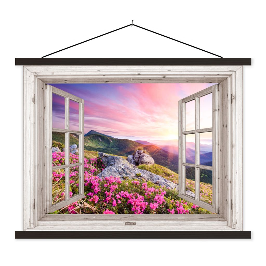 MuchoWow Textilposter Berge - Landschaft - Aussicht - Blumen - Abend - Rosa 120x90 cm mit schwarzem Rahmen - Aufhänger für Poster