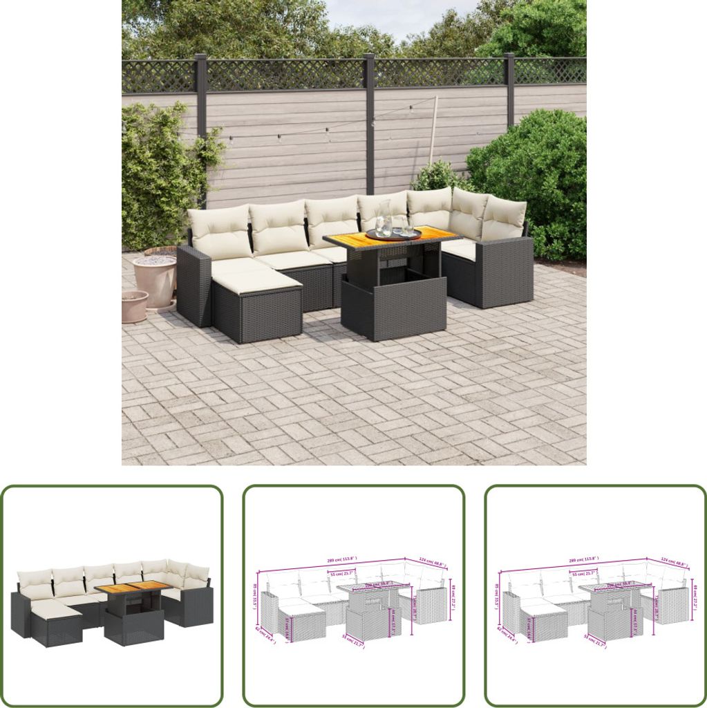 The Living Store 8-tlg. Garten-Sofagarnitur mit Kissen Schwarz Poly Rattan