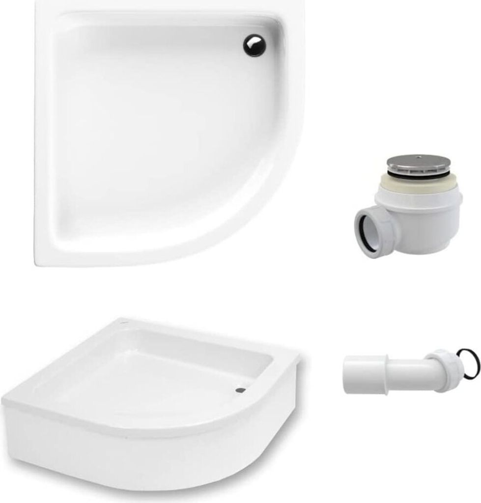 ECOLAM Duschwanne Duschtasse Grawello Viertelkreis 80x80 x26 cm Tiefe 12 cm R55 Acryl weiß auf Styroporunterseite + Siphon + Acrylschürze sehr st...